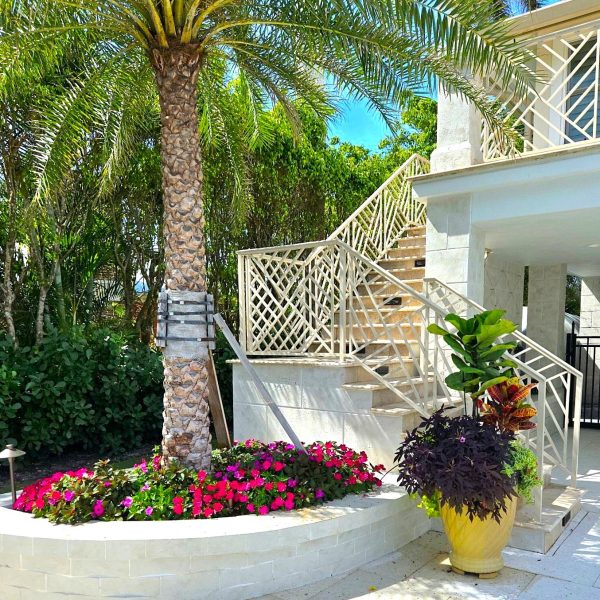 Retaining Wall planter with annual impatiens, potted plants, espalier | Love's Landscape Landscape Installation & Maintenance Company
